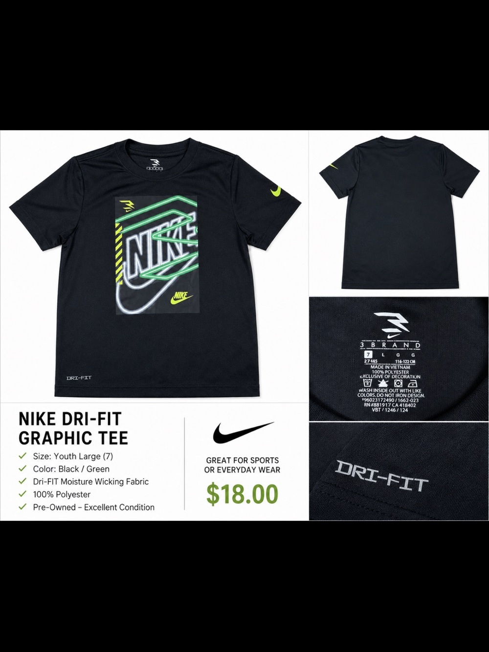Nike Black Short-Sleeve Dri-FIT Tee with Neon Green Graphic - Picture 2 of 3
